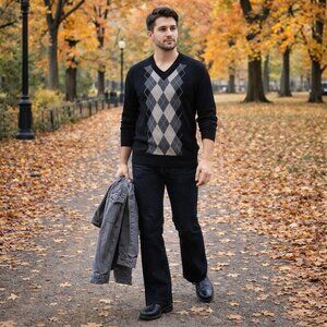 Merona Italian Merino Wool Sweater Men’s XL BlackGray Argyle V-Neck Pullover NWT